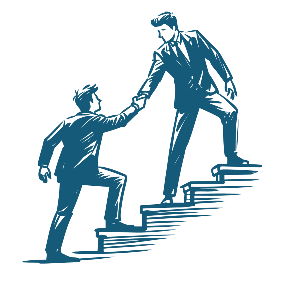 Grafik von zwei Personen, bei der einer dem anderen nach oben auf einer Treppe hilft - als Bild für eine Top Nachfolgeberatung in Köln